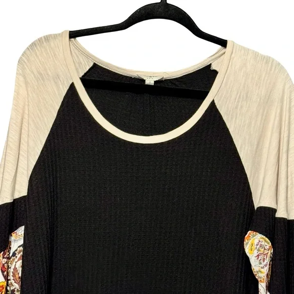 Umgee Oversized Waffle Knit Ballon Sleeve Mixed Media Bohemian Blouse Top - Picture 3 of 10